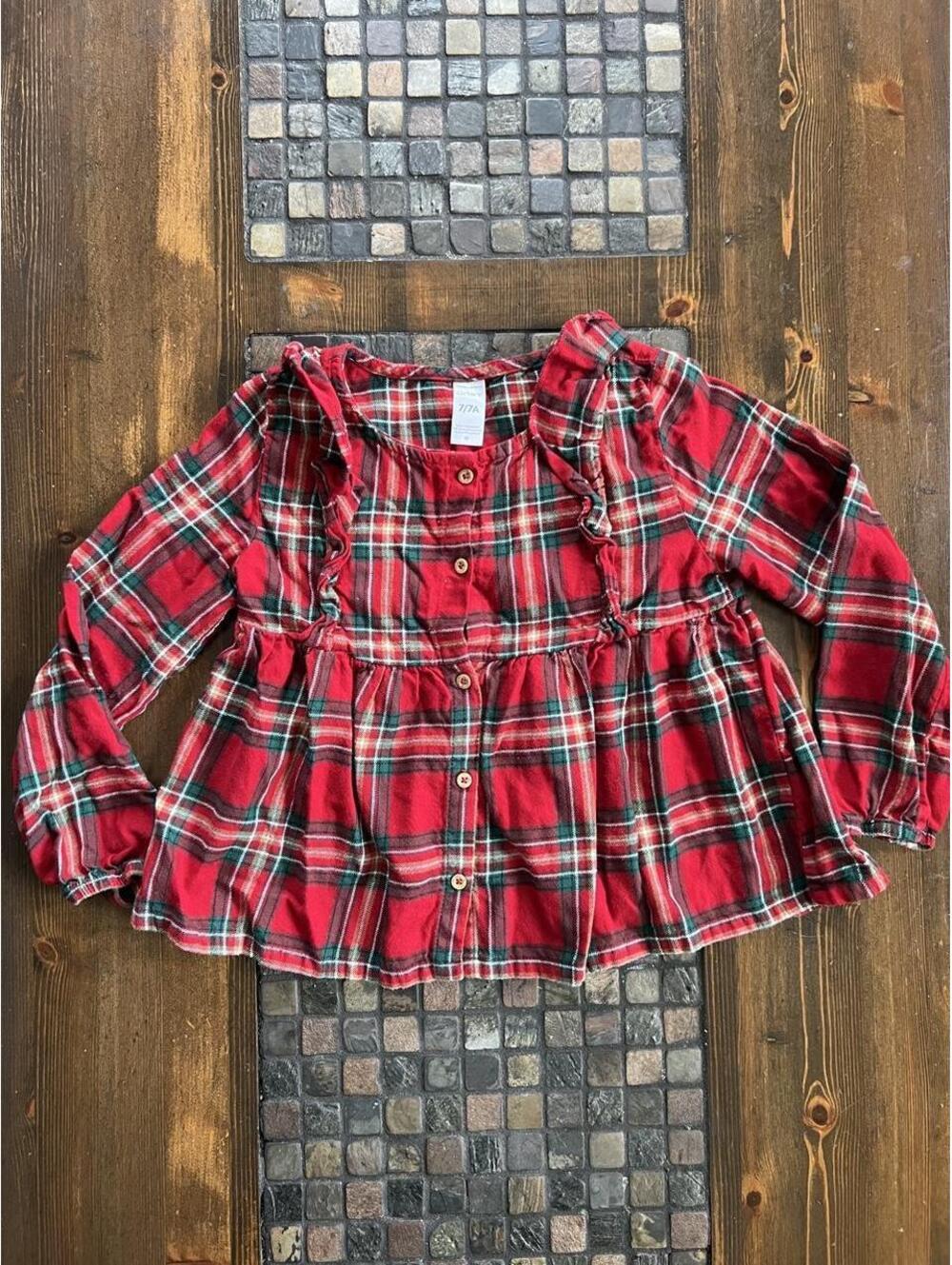 Carter's 100% Cotton Plaid Ruffle Button Front Holiday Top Girls Size 7 🧣🎄